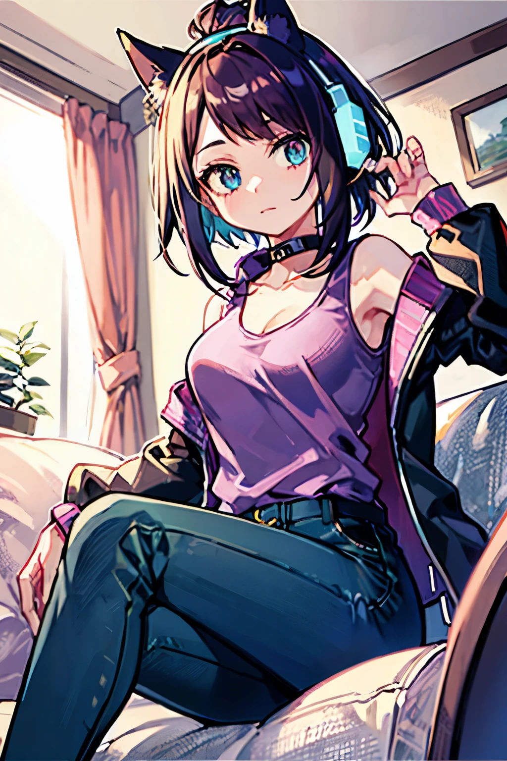 ((  best quality)), (( )),   masterpiece, absurdities, (  detailed eyes  ,   deep eyes  ), ( a girl),   arms crossed, Jirou,   leg-length hair ,  brown hair with turquoise hair tips,   straight bangs, sideburns, turquoise blue eyes, purple headphones,   Fox ears, long earlobes,   big breasts,   pink shirt, torn shirt,   black jacket  ,   pants  , ,   black choker  , (inside,   in a living room  )