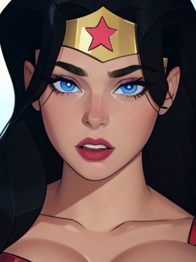  Wonder Woman ,  pretty face and blue eyes pink cheeks full and red lips and makeup,   long black hair , headband with star on the forehead , close up masterpiece of 8k wallpaper  