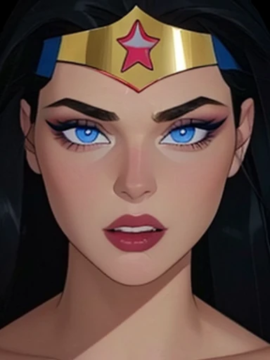  Wonder Woman ,  pretty face and blue eyes pink cheeks full and red lips and makeup,   long black hair , headband with star on the forehead , close up masterpiece of 8k wallpaper  