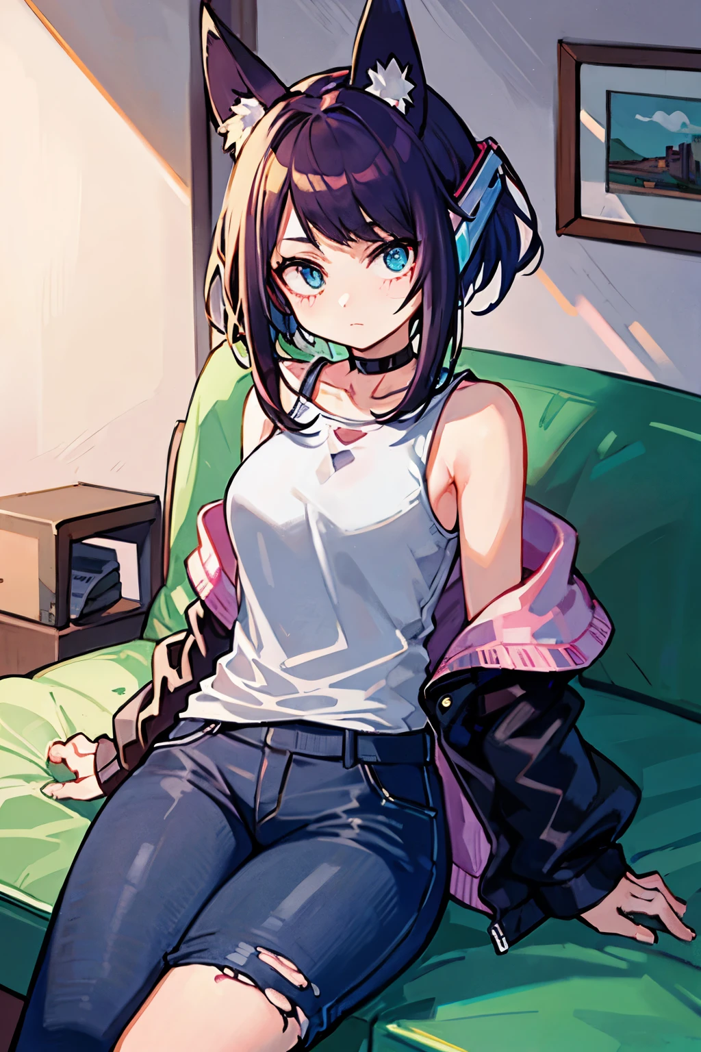 ((  best quality)), (( )),   masterpiece, absurdities, (  detailed eyes  ,   deep eyes  ), ( a girl),   arms crossed, Jirou,   leg-length hair ,  brown hair with turquoise hair tips,   straight bangs, sideburns, turquoise blue eyes, purple headphones,   Fox ears, long earlobes,   big breasts,   pink shirt, torn shirt,   black jacket  ,   pants  , ,   black choker  , (inside,   in a living room  )