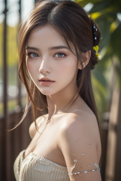 8k, best quality, Masterpiece , super high resolution, ( realism: 1.4), Original photo, ( realistic skin texture : 1.3), ( Film Grain: 1.3), 1 girl , Beautiful Face Details, Masterpiece , best quality, Top Body High Quality Photo Stretched ,