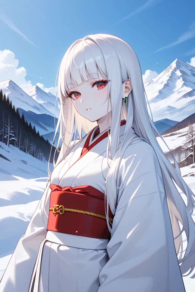 masterpiece,best quality,simple,minimalism,hime cut,beautiful japanese girl,(((straight white long hair))),troubled and groomed eyebrows,red eyes,slanted eyes,half opened eyes,white skin,white kimono red obi,simple background,snow,mountain,claw pose