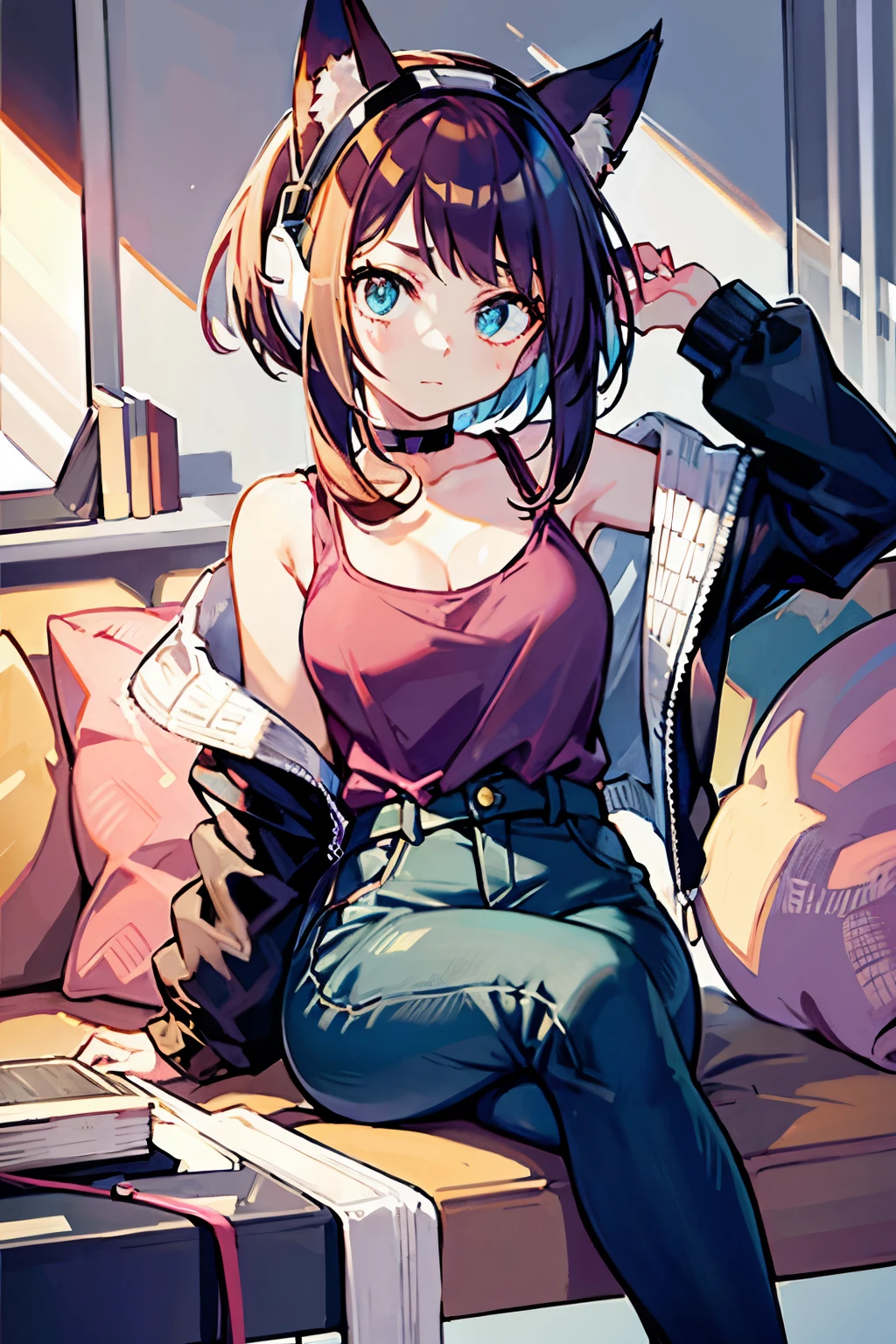 ((  best quality)), (( )),   masterpiece, absurdities, (  detailed eyes  ,   deep eyes  ), ( a girl),   arms crossed, Jirou,   long loose hair ,  brown hair with turquoise hair tips,   straight bangs, sideburns, turquoise blue eyes, purple headphones,   Fox ears, long earlobes,   big breasts,   pink shirt, torn shirt,   black jacket  ,   pants  , ,   black choker  , (inside,   in a living room  )