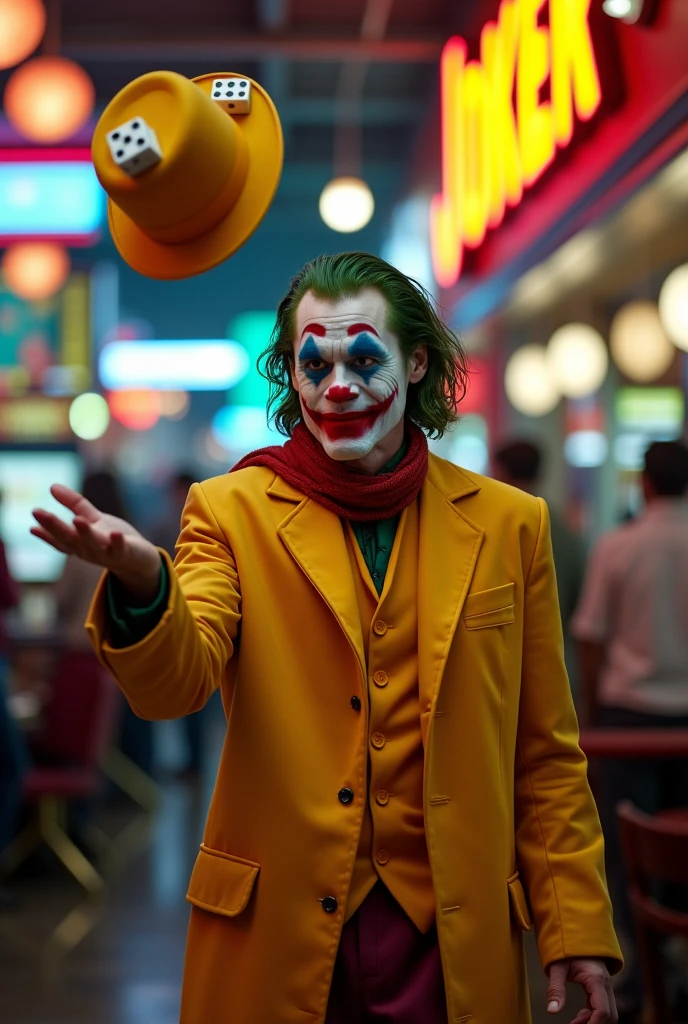 Image of actor Jim Carrey dressed as the Joker character from the movie "batman" wearing a long yellow raincoat and a loose red scarf around the neck, He has his arm stretched out throwing a yellow hat with two large dice tied on it towards the camera,  he is inside a busy casino illuminated with neon,  as realistic as possible,  cinematic quality , photo image ,  background blur 