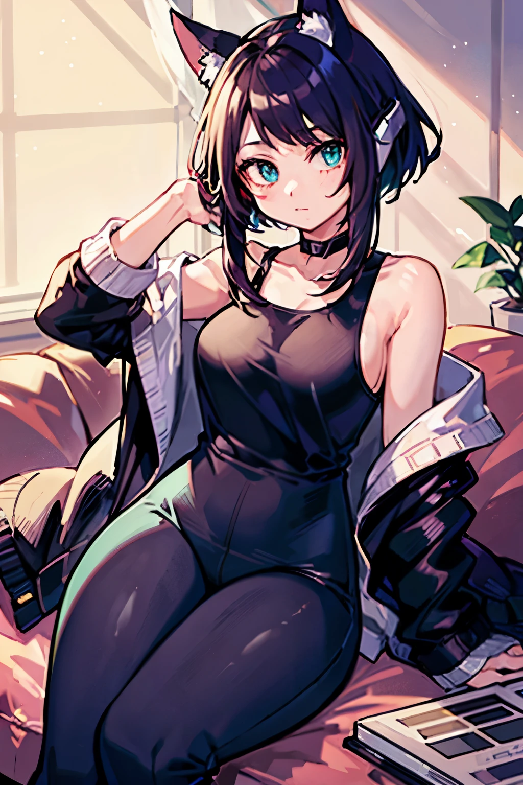 ((  best quality)), (( )),   masterpiece, absurdities, (  detailed eyes  ,   deep eyes  ), ( a girl),   arms crossed, Jirou,   long loose hair ,  brown hair with turquoise hair tips,   straight bangs, sideburns, turquoise blue eyes, purple headphones,   Fox ears, long earlobes,   big breasts,   pink shirt, torn shirt,   black jacket  ,   pants  , ,   black choker  , (inside,   in a living room  )