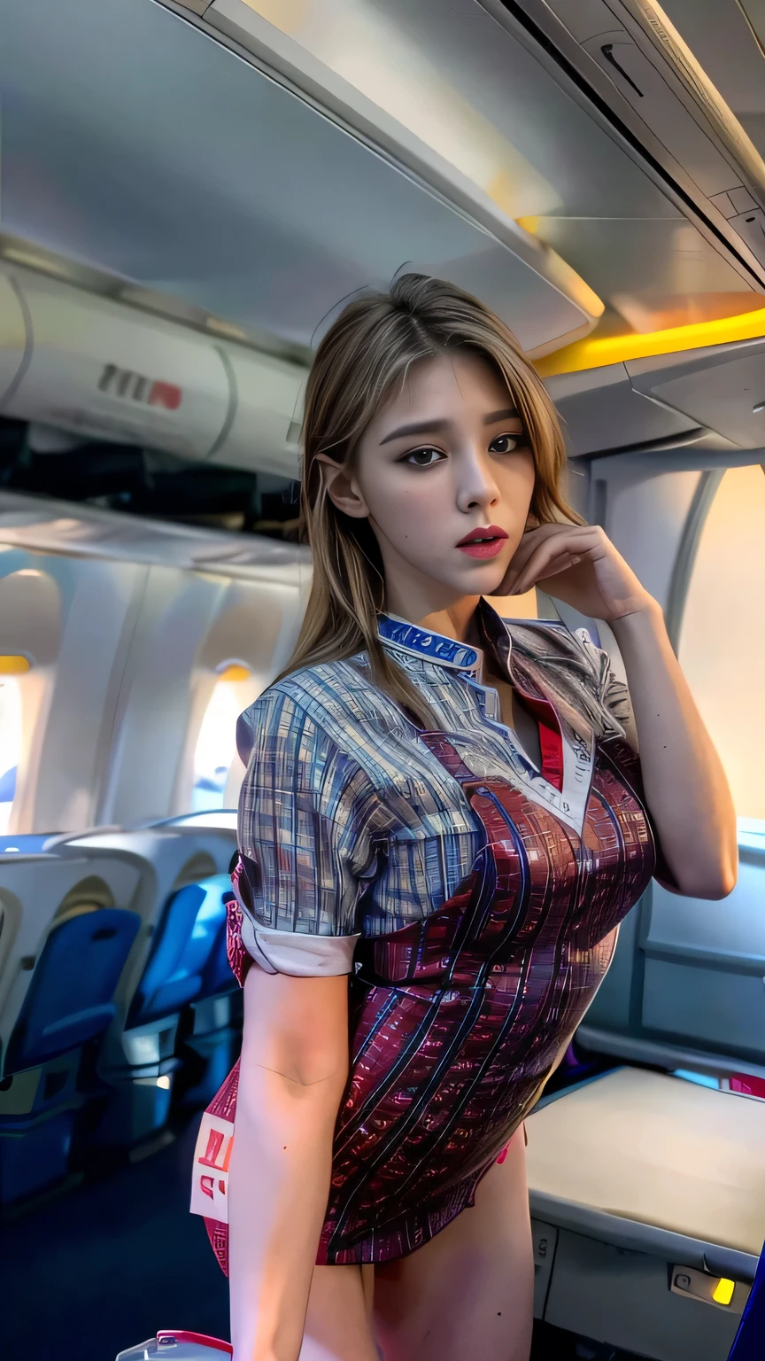 Top Quality, Masterpiece, 8K, Ultra High Definition, (Photorealistic: 1.4), 1 Girl, Beautiful Face, Symmetrical Eyes, Big, Perfect Body Proportions, Stewardess Uniform, huge breasts, Viewer's Look, (Inside the Airplane: 1.2), Front View, Shoulder Jump, Absolute Area (1.3),