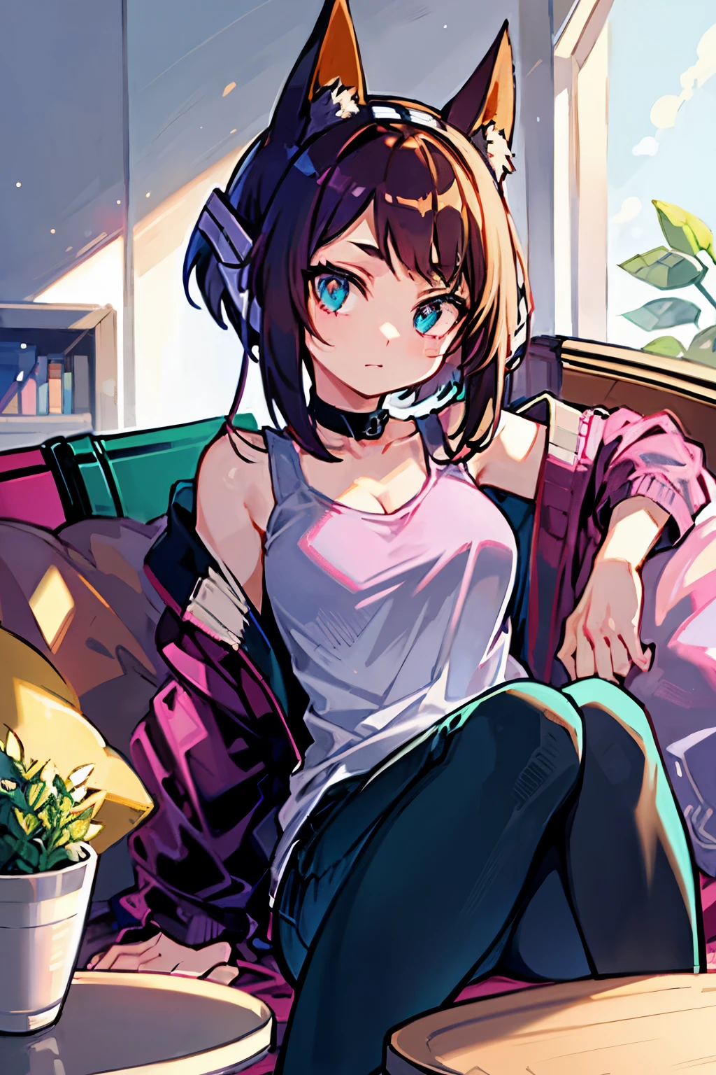 ((  best quality)), (( )),   masterpiece, absurdities, (  detailed eyes  ,   deep eyes  ), ( a girl),   arms crossed, Jirou,   long loose hair ,  brown hair with turquoise hair tips,   straight bangs, sideburns, turquoise blue eyes, purple headphones,   Fox ears, long earlobes,   big breasts,   pink shirt, torn shirt,   black jacket  ,   pants  , ,   black choker  , (inside,   in a living room  )