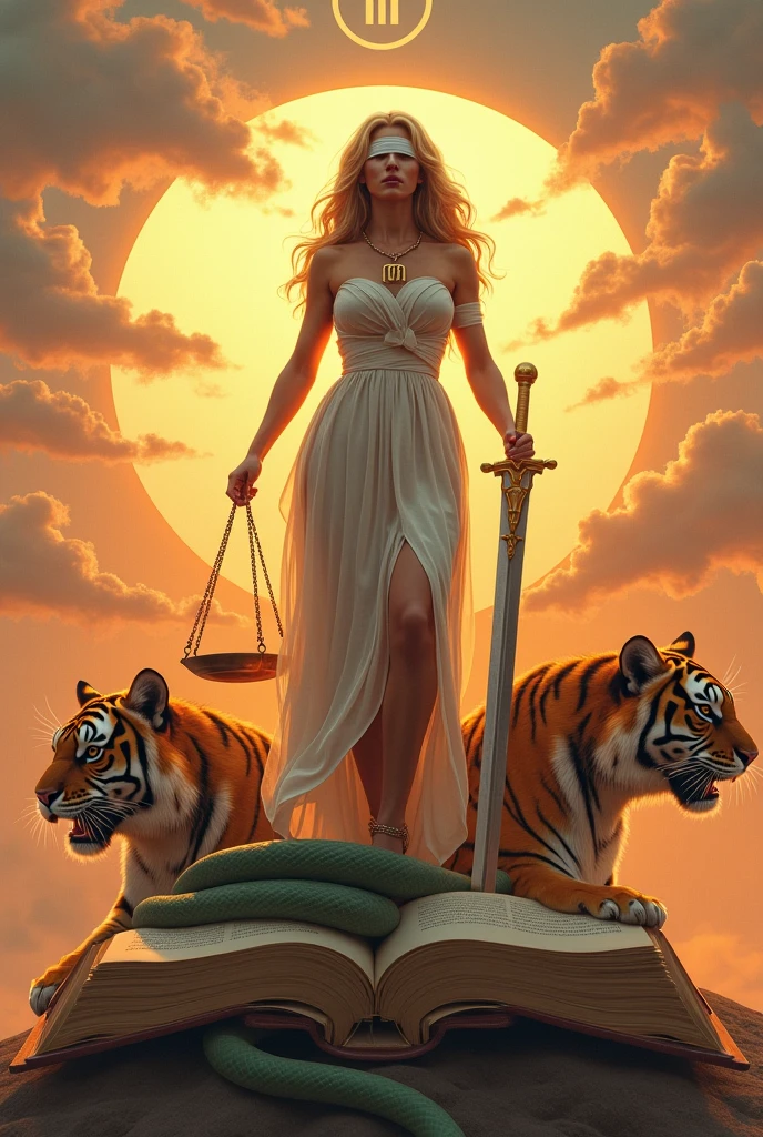  The Goddess Themis of Justice,  with a curvaceous body and showing her wide hips , and sturdy legs ,  and with long, wavy gold-colored hair , and wearing a white dress , and with soft and smooth skin ,  with the other hand and holding a long sword , and holding with the other hand a scale with the initial M,   all detailed and in high quality,  and covers only both eyes with a white bandage,  on top of a large, thick and open law book ,  includes under the book the head of a well-defined and crisp dark green snake, And showing its fangs , and pulled from a single giant and huge and robust Bengal Tiger, And showing its fangs  grandes, And looking straight ahead,  includes the Tiger a golden glow that covers his entire body,  elegantly shaped , y real .  Include the initial M on a necklace and place it around your neck of the goddess, in golden color,  in the background includes an elegant and beautiful sunset, Include the initial M in the evening sun , located in the sky with elegant and beautiful clouds .