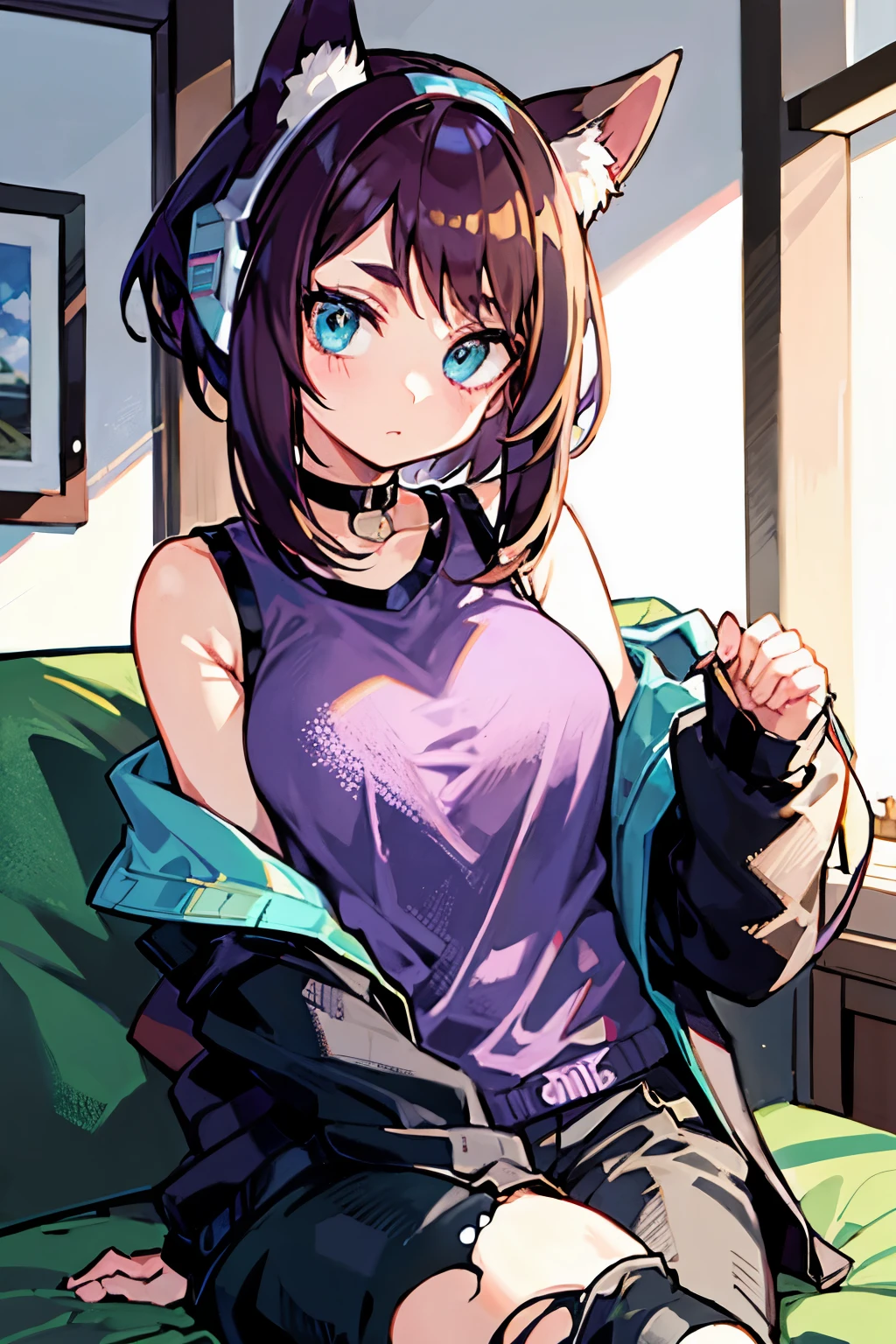 ((  best quality)), (( )),   masterpiece, absurdities, (  detailed eyes  ,   deep eyes  ), ( a girl),   arms crossed, Jirou,  long hair loose at the hips,  brown hair with turquoise hair tips,   straight bangs, sideburns, turquoise blue eyes, purple headphones,   Fox ears, long earlobes,   big breasts,   pink shirt, torn shirt,   black jacket  ,   pants  , ,   black choker  , (inside,   in a living room  )