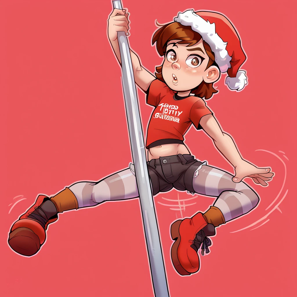 1girl, full body, solo, penny, brown hair, short hair, brown eyes, alone, red T-shirt over a brown long-sleeved shirt, denim black shorts, black and white striped tights, alongside brown socks with a red line and brown boots, twerking, Shaking Her booty, wearing a Christmas Hat, Red And White Stripped Background, Andystyle, pole dancing, Staring at Viewer 