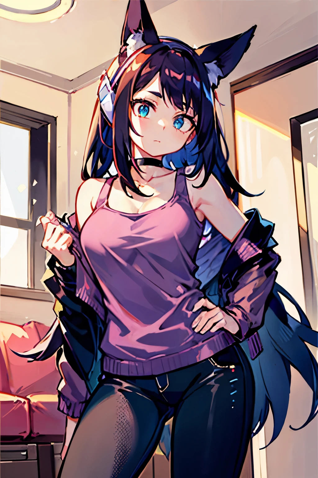 ((  best quality)), (( )),   masterpiece, absurdities, (  detailed eyes  ,   deep eyes  ), ( a girl),   arms crossed, Jirou,  long hair loose at the hips,  brown hair with turquoise hair tips,   straight bangs, sideburns, turquoise blue eyes, purple headphones,   Fox ears, long earlobes,   big breasts,   pink shirt, torn shirt,   black jacket  ,   pants  , ,   black choker  , (inside,   in a living room  ), Long hair at the hips