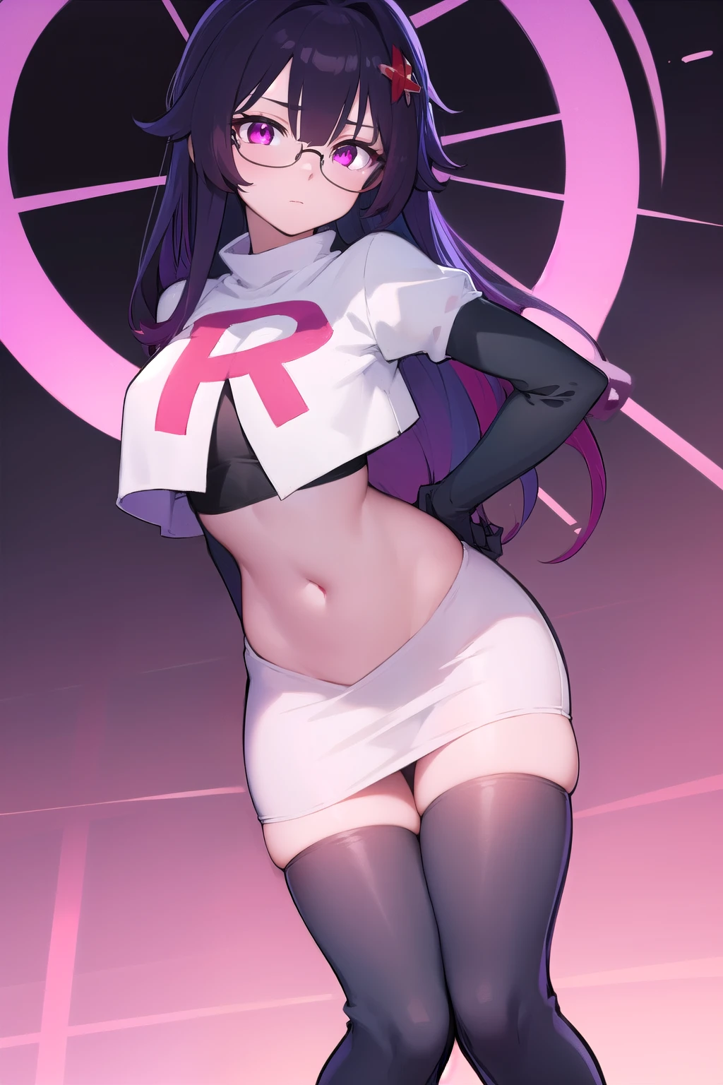 honkaisparkle, black hair, colored inner hair, glasses, hair intakes, hair ornament, hairclip, long hair, multicolored hair, (pink eyes:1.3), purple hair, straight hair,
BREAK glasses, team rocket,team rocket uniform,white skirt,red letter R,crop top,black thigh-highs,black elbow gloves,
BREAK looking at viewer, cowboy shot,
BREAK (masterpiece:1.2), best quality, high resolution, unity 8k wallpaper, (illustration:0.8), (beautiful detailed eyes:1.6), extremely detailed face, perfect lighting, extremely detailed CG, (perfect hands, perfect anatomy),