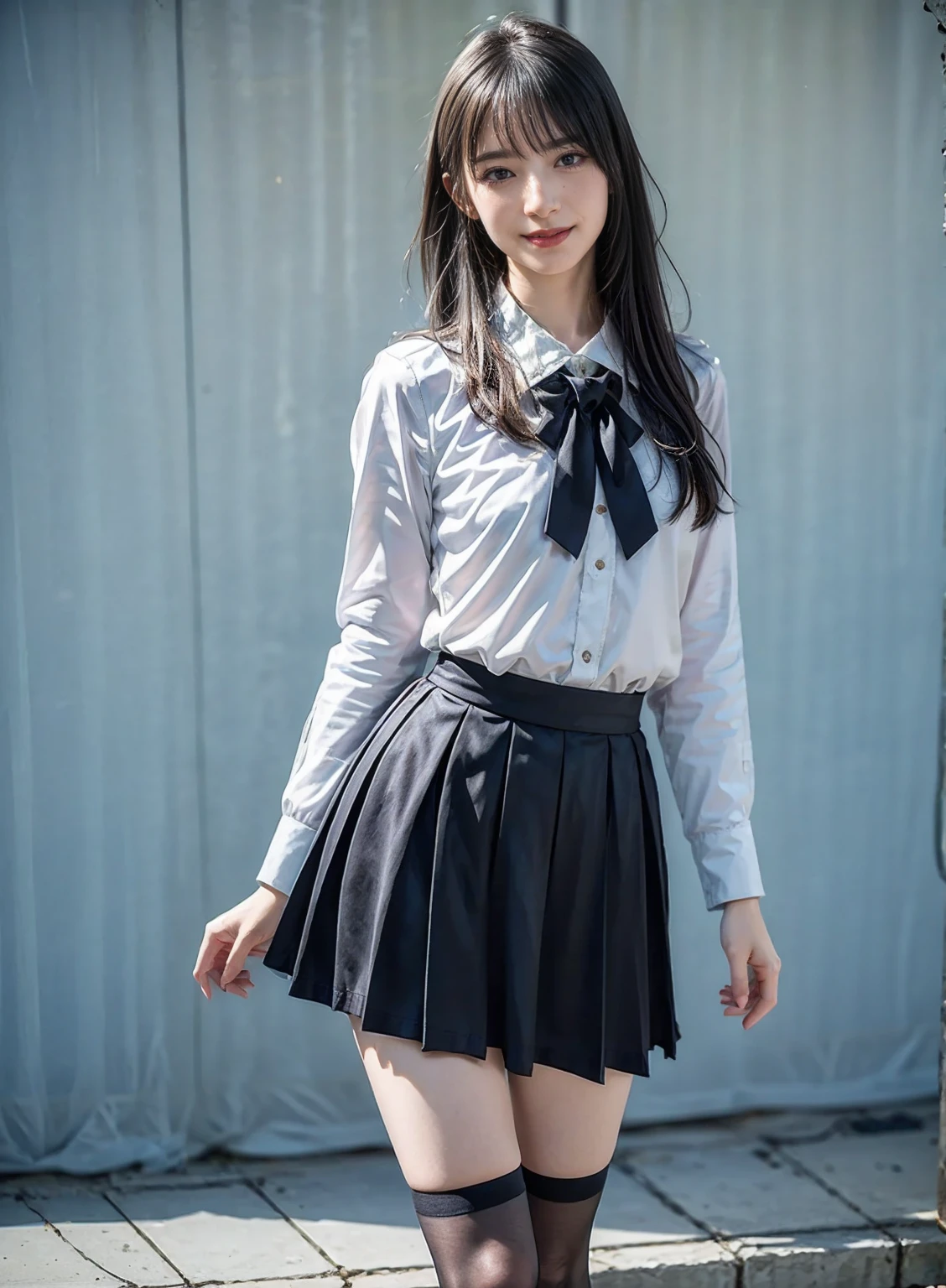 8 times_NMKD-Super Scale_150000_G),(8K, super high quality,highest quality),(masterpiece:1.5),(full body image),Girl Standing In School Classroom,(A bow tie,white dress shirt,plaid pleated skirt),((navy knee socks)),smile,beautiful feet,Low ponytail