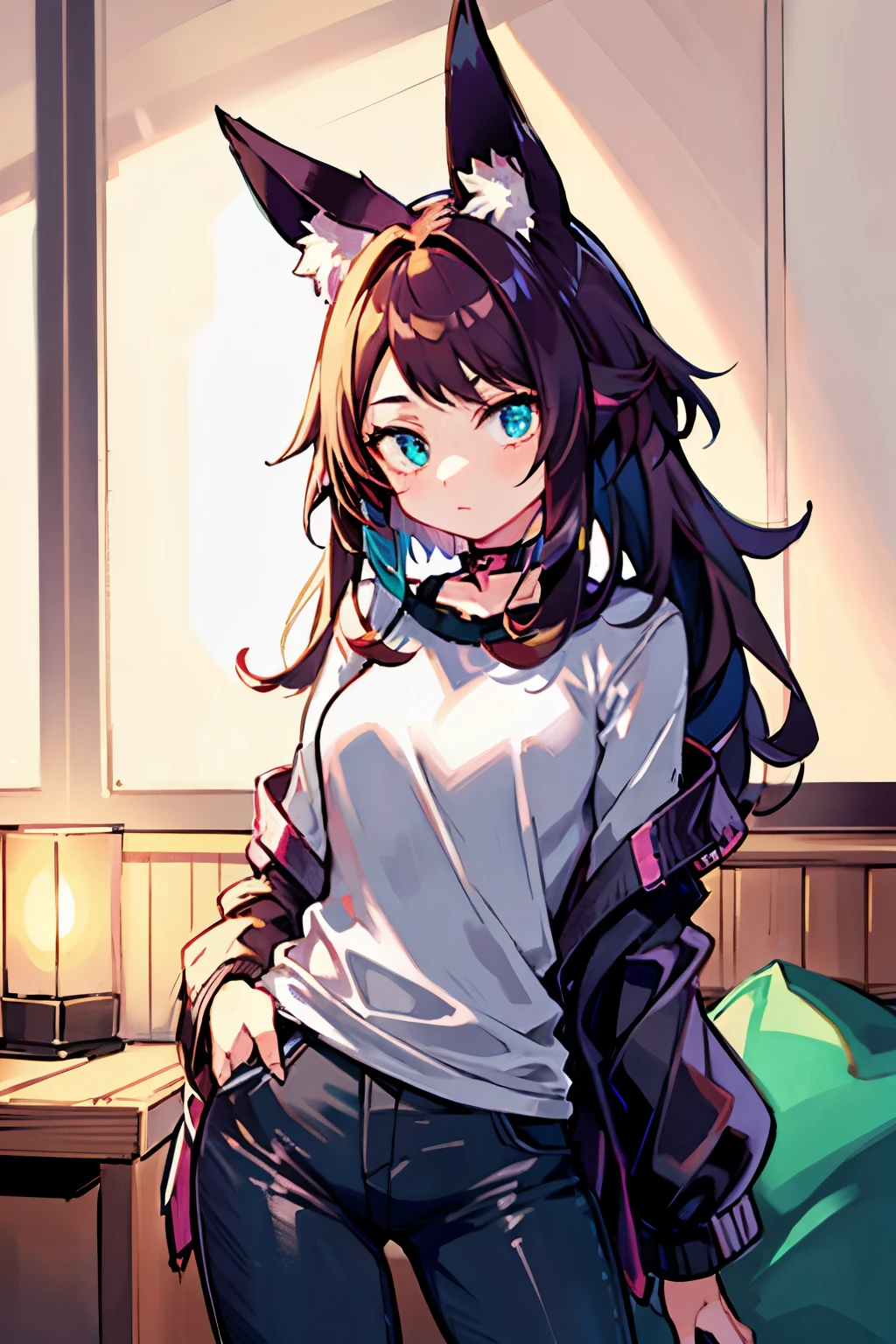 ((  best quality)), (( )),   masterpiece, absurdities, (  detailed eyes  ,   deep eyes  ), ( a girl),   arms crossed, Jirou,  long hair loose at the hips,  brown hair with turquoise hair tips,   straight bangs, sideburns, turquoise blue eyes, purple headphones,   Fox ears, long earlobes,   big breasts,   pink shirt, torn shirt,   black jacket  ,   pants  , ,   black choker  , (inside,   in a living room  ), Long hair at the hips