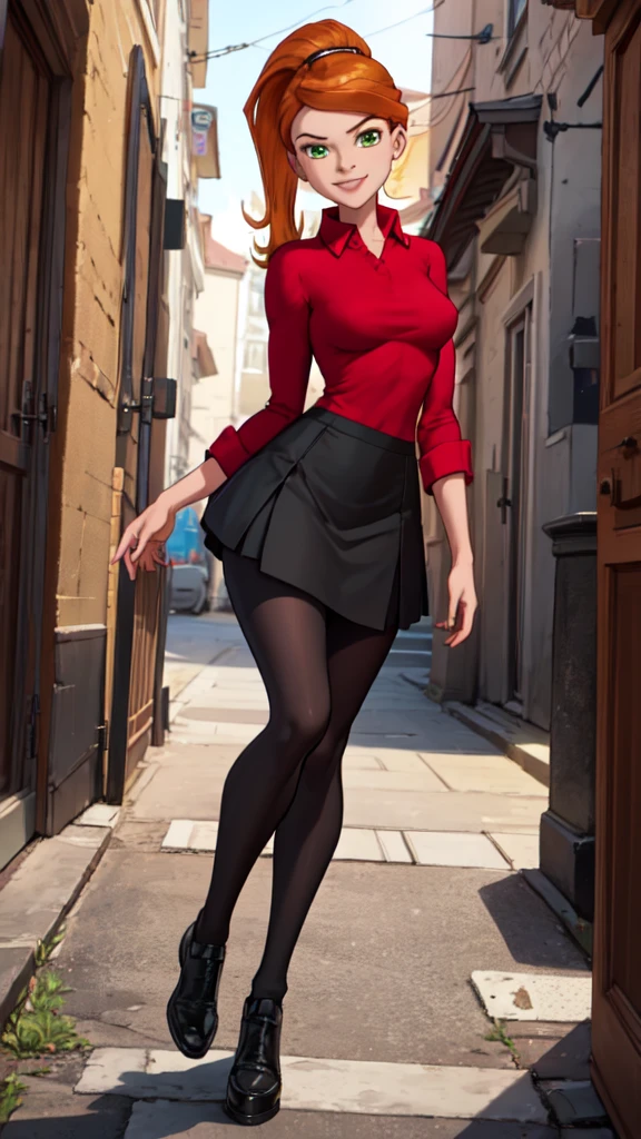 1 girl,(solo), (masterpiece:1.2), (high quality:1.0),looking at viewer, (ultra detailed),smile,pony tail,orange hair, green eyes, Gwen Tennyson, red shirt with white collars and sleeves,black skirt,black transparent legging, (front view) medium body,full body view,seduing pose to the viewer