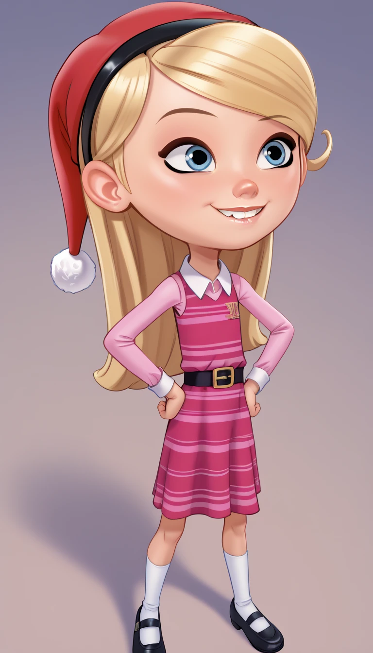 1girl, solo, full body, penny peterson, long hair, blue eyes, 3d, blonde hair, skirt, hairband, black hairband, white socks, dress, pink dress, long sleeves, Andystyle, Standing, Hands on hips, Lip Bite, wearing a Christmas Hat, cute smile, ((School)), spread legs, 4k