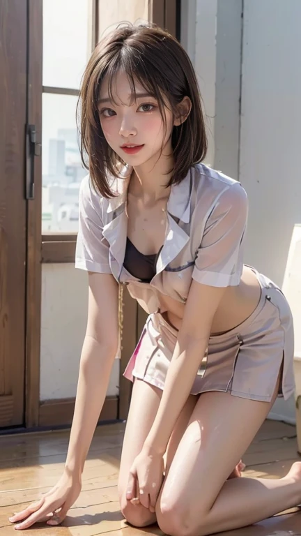 ((of the highest quality, 8K, masutepiece: 1.3, Raw photo)), Sharp Focus: 1.2, (1 AESPA Girl :1.1), Solo, (Realistic, Photorealistic: 1.37), (Face Focus: 1.1), Cute face, hyperdetailed face, short messy hair, Small Smile, slender, (white blouse, skirt: 1.2), standing office room, thigh, small breasts, (show panties:1.3), bloom flower