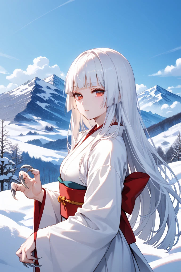 masterpiece,best quality,simple,minimalism,hime cut,beautiful japanese girl,(((straight white long hair))),troubled and groomed eyebrows,red eyes,slanted eyes,half opened eyes,white skin,white kimono red obi,simple background,snow,mountain,(((claw pose)))