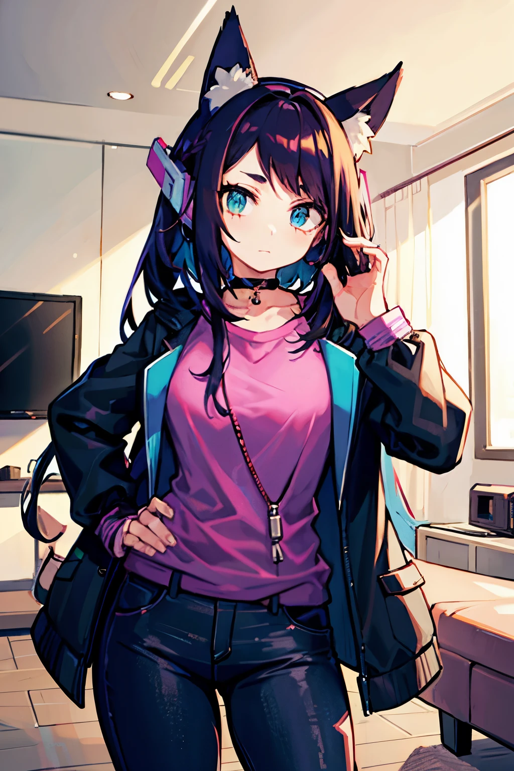 ((  best quality)), (( )),   masterpiece, absurdities, (  detailed eyes  ,   deep eyes  ), ( a girl),   arms crossed, Jirou,  long hair loose at the hips,  brown hair with turquoise hair tips,   straight bangs, sideburns, turquoise blue eyes, purple headphones,   Fox ears, long earlobes,   big breasts,   pink shirt, torn shirt,   black jacket  ,   pants  , ,   black choker  , (inside,   in a living room  ), Long hair at the hips