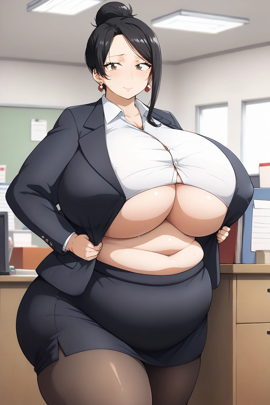 Takizawa Kyouko,   brown eyes,  Black Hair,   single hair bun,
 Big Breasts ,   earrings for women with first name, Mole around the mouth, Mature Woman, 
formal,  black suit,  black jacket with a big axe,   white shirt,   pantyhose, black skirt,   tight skirt, office,score_9, score_8_ up, score_7_ up, score_6_ up, score_5_ up, score_4_ up, masterpiece , top quality,  So Aesthetic ,  absurd,  Source_Anime, Anime screencap,  one woman , Alone,  personal  , Super huge breasts, ((( super huge clevis, Super huge , Super huge boob))), Curvy,    chubby ,   obese , ,   troubled expression,  