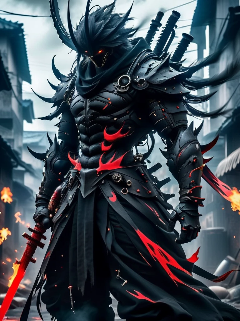  blood-eyed anime male warrior in a gothic combat suit， strong body ， Handsome，Turn sideways，There is a flame under your feet，Standing on the streets of the end ，Twelve giant black tentacles grew from behind him，Horror atmosphere