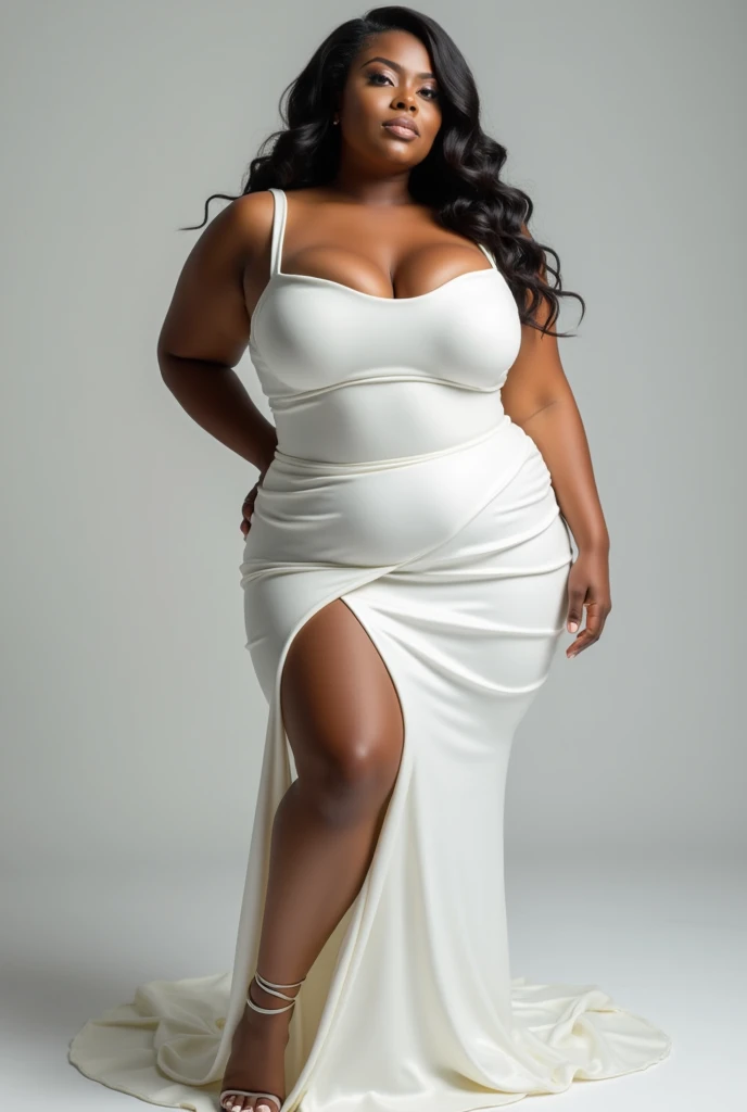 Black female with cubby figure white dress pink hair