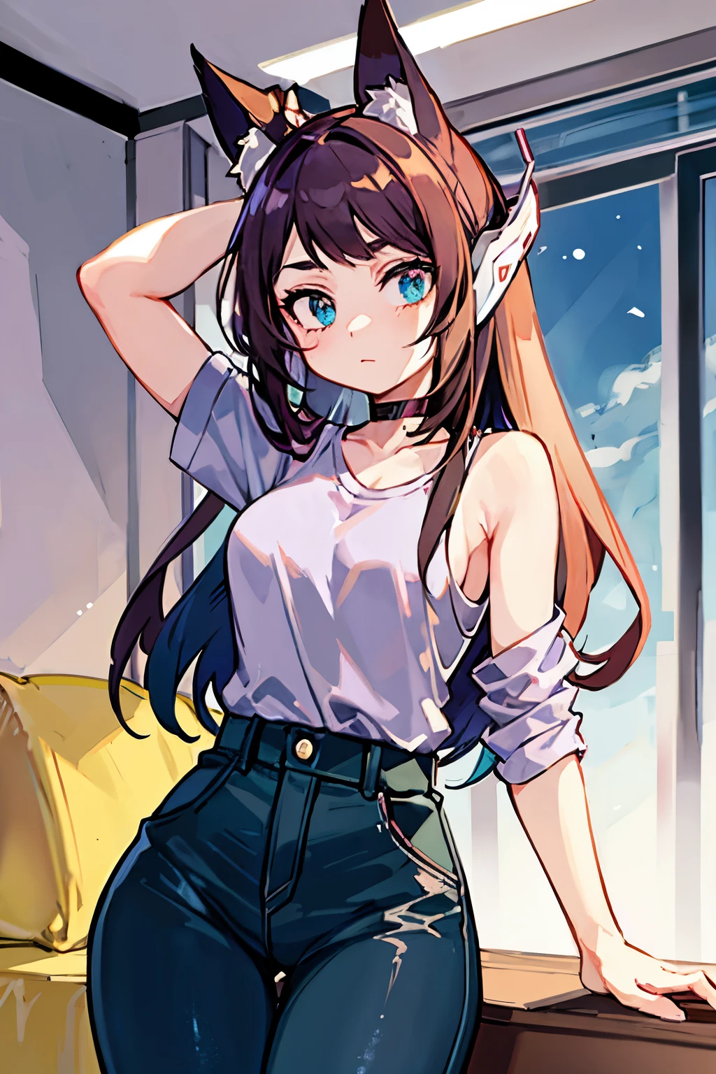 ((  best quality)), (( )),   masterpiece, absurdities, (  detailed eyes  ,   deep eyes  ), ( a girl),   arms crossed, Jirou,  long hair loose at the hips,  brown hair with turquoise hair tips,   straight bangs, sideburns, turquoise blue eyes, purple headphones,   Fox ears, long earlobes,   big breasts,   pink shirt, torn shirt,   black jacket  ,   pants  , ,   black choker  , (inside,   in a living room  ), Long hair at the hips