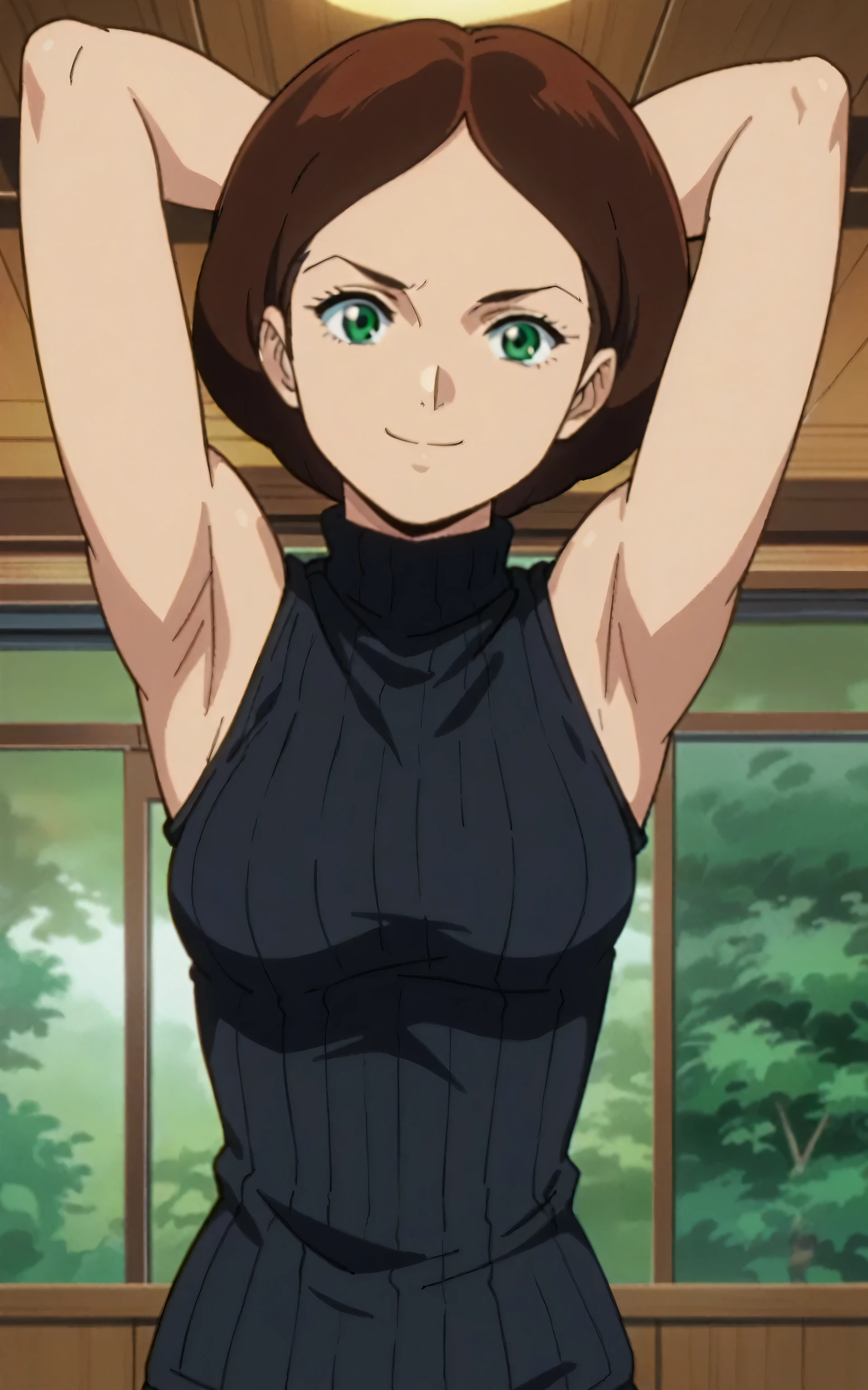 score_9, score_8_up, score_7_up, source_anime, anime screencap, 1girl, solo, EmmaSheen, brown hair, short hair, green eyes, medium breasts, black sweater, sleeveless sweater, ribbed sweater, turtleneck, sleeveless, bare shoulders, bare arms, arms behind head, armpits, looking at viewer, head towards viewer, smile, badhandv4, indoors, closed mouth, anime coloring,