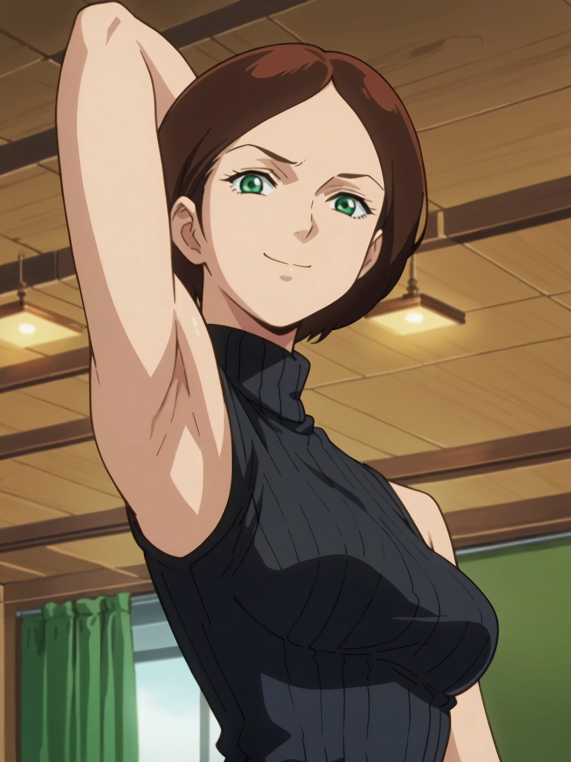 score_9, score_8_up, score_7_up, source_anime, anime screencap, 1girl, solo, EmmaSheen, brown hair, short hair, green eyes, medium breasts, black sweater, sleeveless sweater, ribbed sweater, turtleneck, sleeveless, bare shoulders, bare arms, arms behind head, armpits, looking at viewer, head towards viewer, smile, badhandv4, indoors, closed mouth, anime coloring,