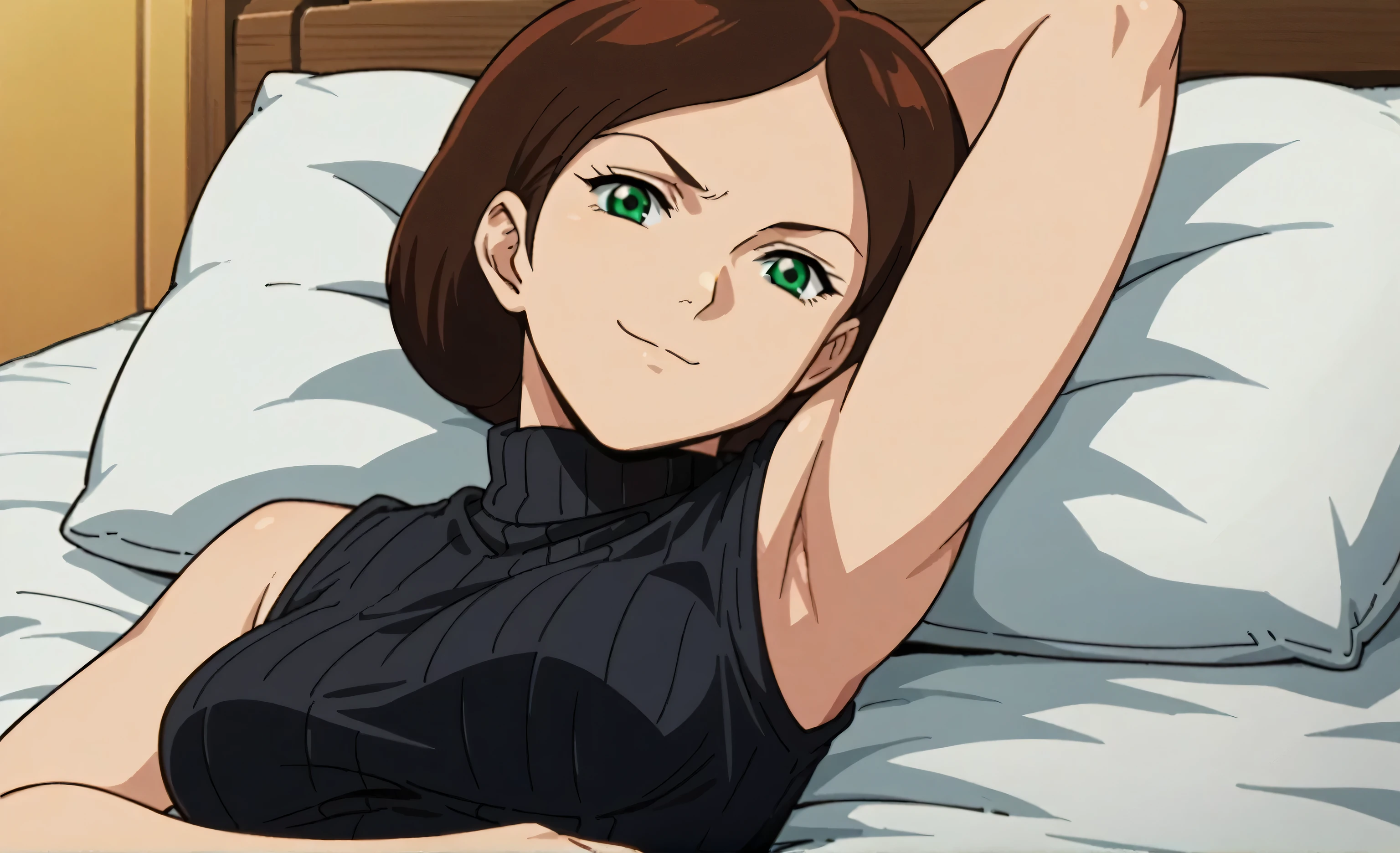 score_9, score_8_up, score_7_up, source_anime, anime screencap, 1girl, solo, EmmaSheen, brown hair, short hair, green eyes, medium breasts, black sweater, sleeveless sweater, ribbed sweater, turtleneck, sleeveless, bare shoulders, bare arms, arms behind head, armpits, looking at viewer, head towards viewer, smile, badhandv4, indoors, closed mouth, anime coloring,