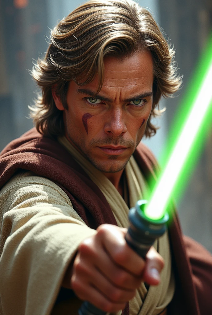 Obi-Wan Kenobi in a dynamic pose, wielding his lightsaber, facing the viewer. The character displays battle scars and a look of determination. Emphasize a realistic art style, capturing the emotion and intensity of the moment, with a strong focus on his facial expression. Action-packed, high detail, dramatic lighting