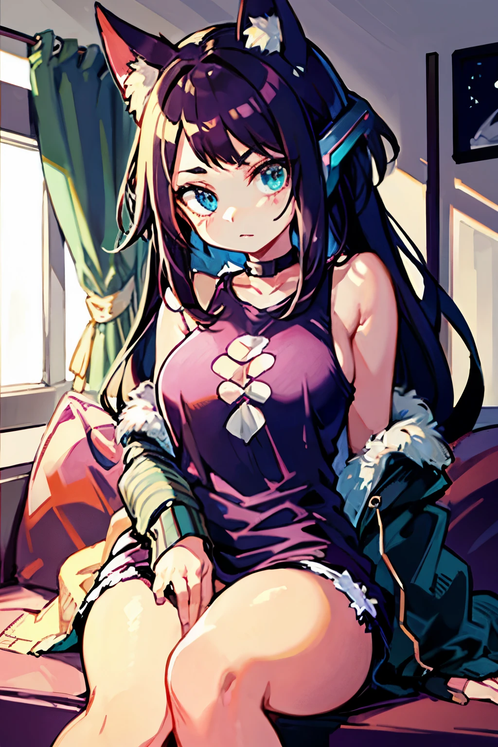 ((  best quality)), (( )),   masterpiece, absurdities, (  detailed eyes  ,   deep eyes  ), ( a girl),   arms crossed, Jirou,  long hair loose at the hips,  brown hair with turquoise hair tips,   straight bangs, sideburns, turquoise blue eyes, purple headphones,   Fox ears, long earlobes,   big breasts,   pink shirt, torn shirt,   black jacket  ,   pants  , ,   black choker  , (inside,   in a living room  ), Long hair at the hips