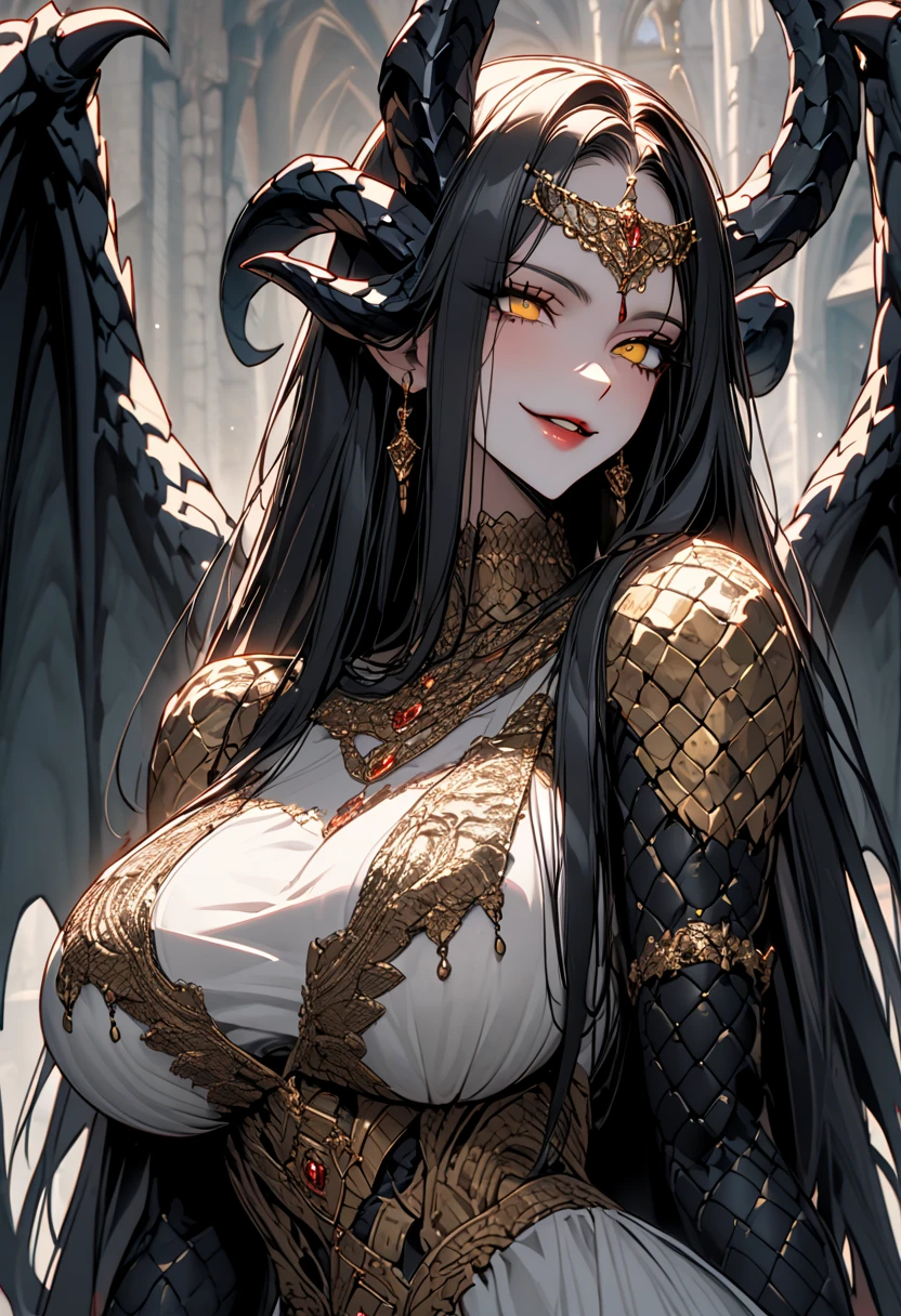 A demonic and seductive looking anime character, with black wings, long dark flowing hair, bright golden eyes, and curved horns like those of a ram. has pale skin, a mischievous smile and a playful and mysterious expression, holding a finger to his lips as if silencing someone. She wears a white dress with intricate detailing and gold accents, along with a blue gem on his chest. The scene is dramatically lit., with soft shadows that enhance her sharp features, as the background fades into darkness, adding an enigmatic and magical touch. The style is a mix of anime fantasy with intricate details, Capturing an intense portrait, close and dynamic