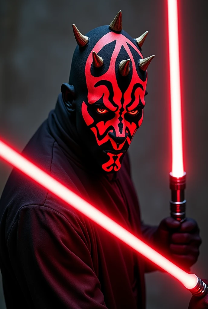 Darth Maul wielding his dual lightsaber, facing towards the viewer. The image captures his battle scars and intense expression, showcasing a dynamic and realistic portrayal. Focus on the emotional impact of his face, emphasizing the fierce determination in his eyes. The background should be dark and atmospheric, enhancing the dramatic tension of the scene