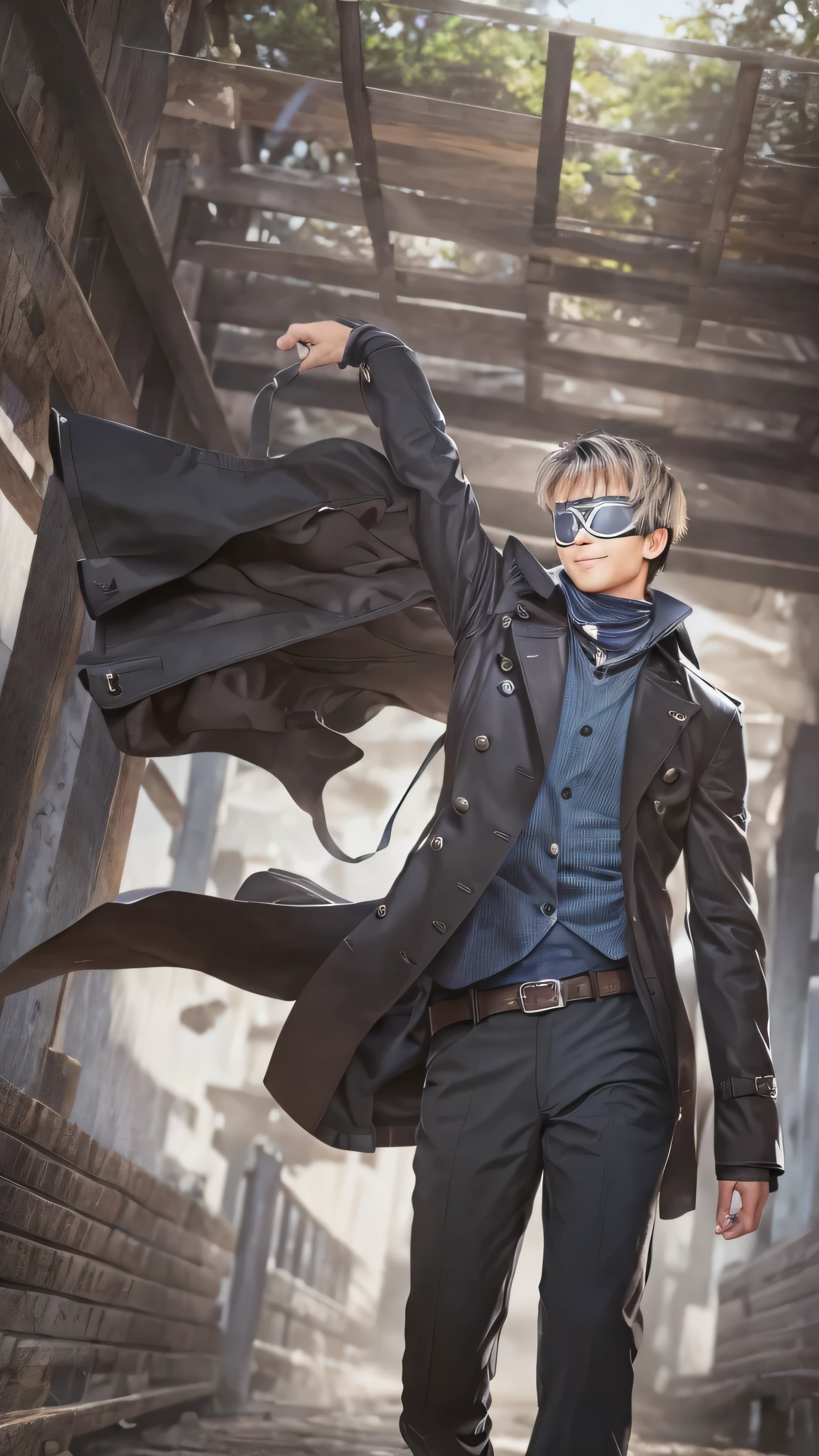 (masterpiece,  top quality :1.2),  cowboy shot, Alone,  Male Focus ,  one boy ,  red scarf around neck , smile,  put your hands in your pocket, Blindfold,  black trench coat 、 full body high quality image 。