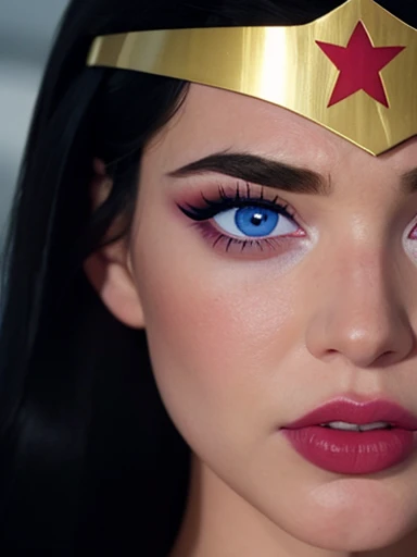  Wonder Woman ,  pretty face and blue eyes pink cheeks full and red lips and makeup,   long black hair , headband with star on the forehead , close up masterpiece of 8k wallpaper  