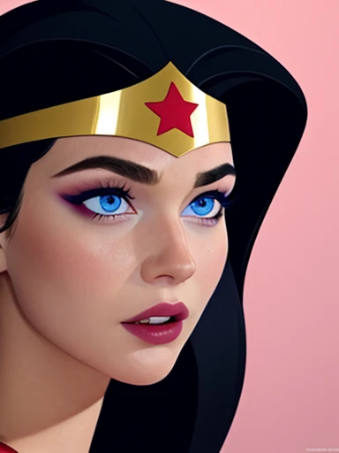  Wonder Woman ,  pretty face and blue eyes pink cheeks full and red lips and makeup,   long black hair , headband with star on the forehead , close up masterpiece of 8k wallpaper  