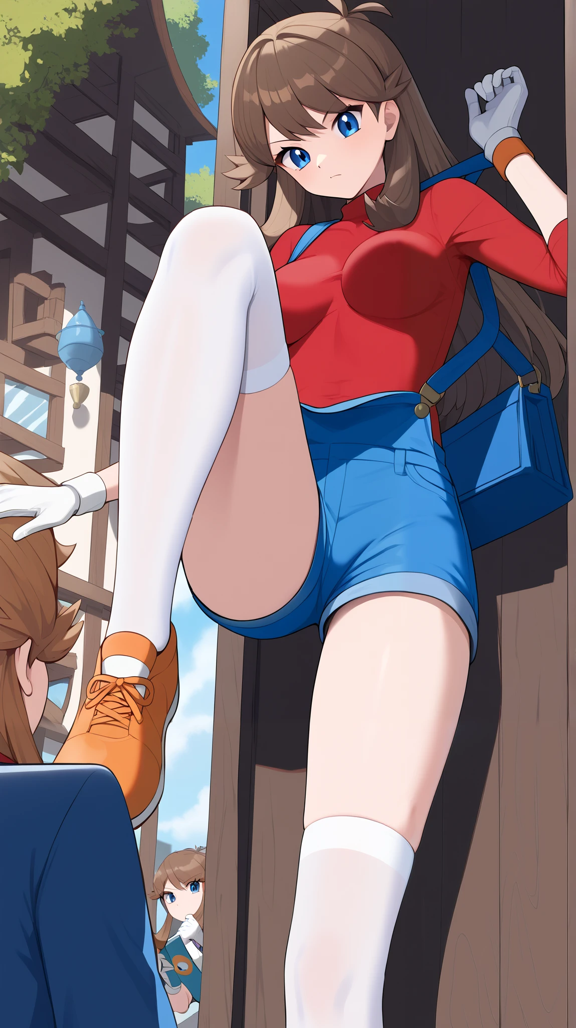 (( top quality )), ((masterpiece)), (( Details)), 1girl,  orange brown hair color,  long hair,  blue eyes, red long sleeve shirt , blue shorts overalls,  white knee-high stockings reflective on glass floors,  absolute domain, orange laces ,  serious expression, Kicking Technique,  Tall,  ANIME COLORING BOOK, 1 Female, Age 18, Three idiot hairs ,  with bangs, whole body,  slim figure, Ample breasts, town, (\ Pokémon\), Two legs, two arms,