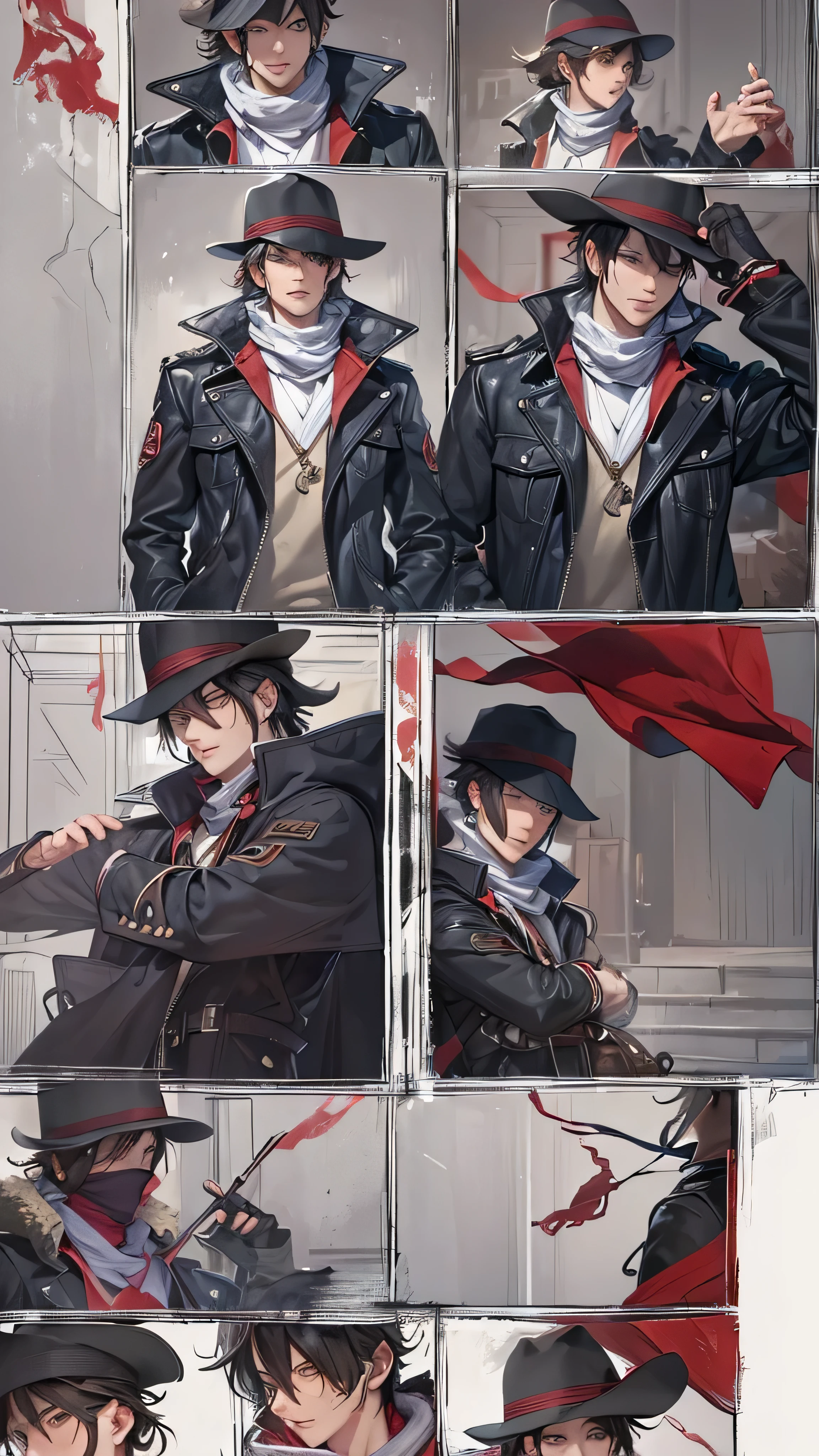 (masterpiece,  top quality :1.2),  cowboy shot, Alone,  Male Focus ,  one boy ,  red scarf around neck , smile,  put your hands in your pocket, Blindfold,  black trench coat 、 full body high quality image 。