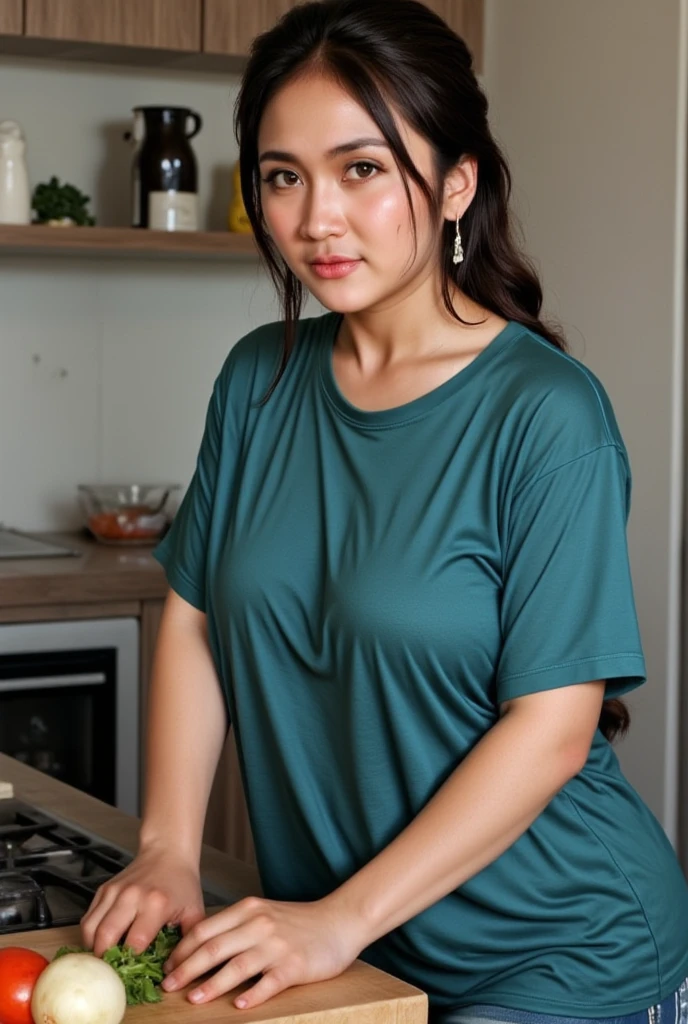 Beautiful indonesian woman, wet tied hair, wearing green knees overlong t-shirt (oversized), cutting the vegetables to cook in the kitchen, Look at the viewer, wide angle full body shot from side,