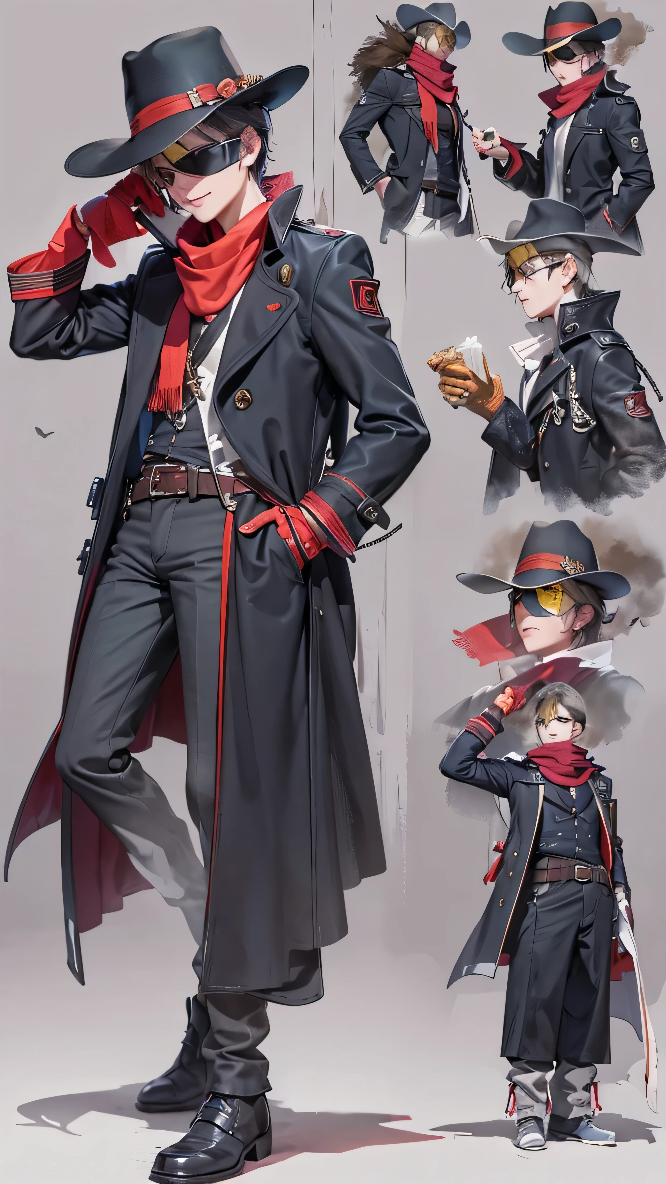 (masterpiece,  top quality :1.2),  cowboy shot, Alone,  Male Focus ,  one boy ,  red scarf around neck , smile,  put your hands in your pocket, Blindfold,  black trench coat 、 full body high quality image 。