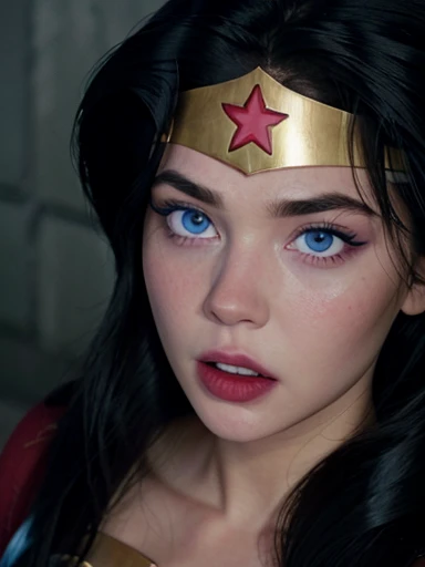  Wonder Woman ,  pretty face and blue eyes pink cheeks full and red lips and makeup,   long black hair , headband with star on the forehead , close up masterpiece of 8k wallpaper  