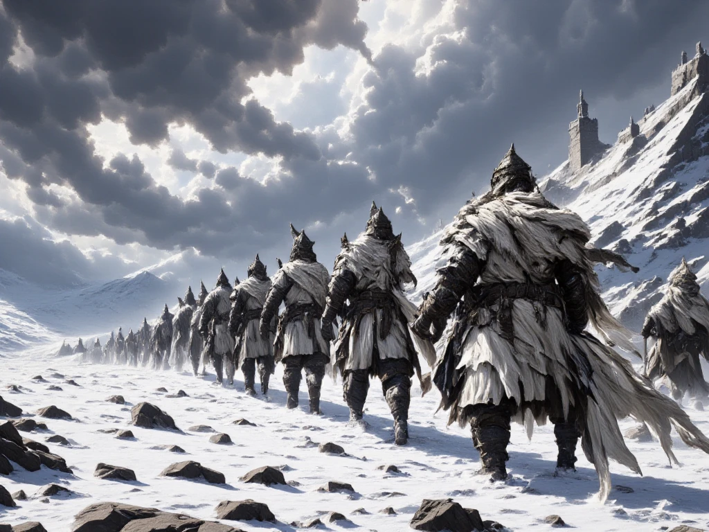  depicting Crusader knights crossing a snowy field under a blizzard sky.Their armor has wind and frost 