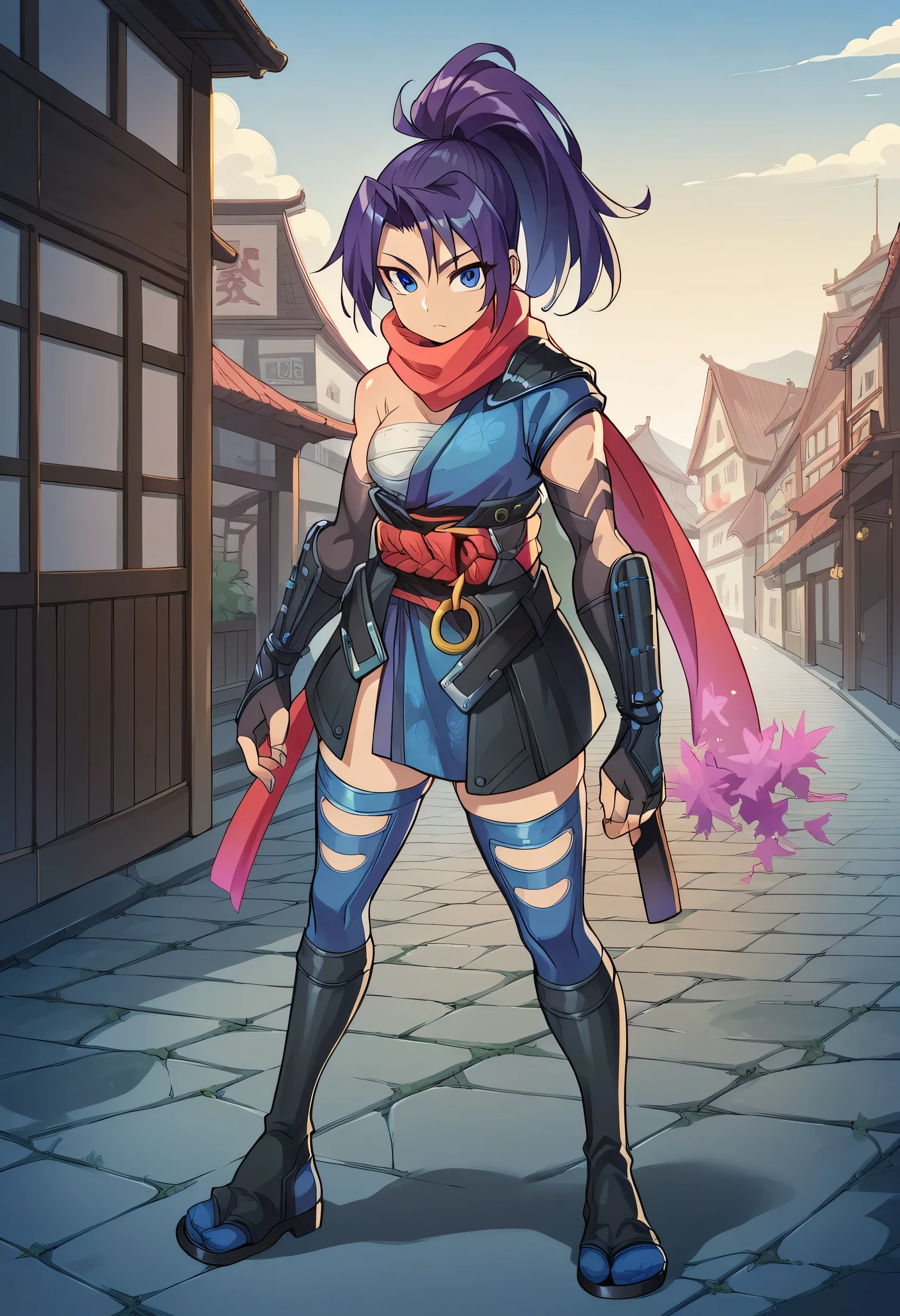 1girl, high ponytail, purple hair, blue eyes, ninja, sleeveless, scarf, asymmetrical clothes, japanese clothes, chest sarashi, obi, o-ring, gauntlets, fingerless gloves, thighhighs, toeless footwear, tabi, city background, sexy, showing booty, looking at viewer, score_9, score_8_up, score_7_up, score_6_up, score_5_up, score_4_up, BREAK source_anime, masterpiece