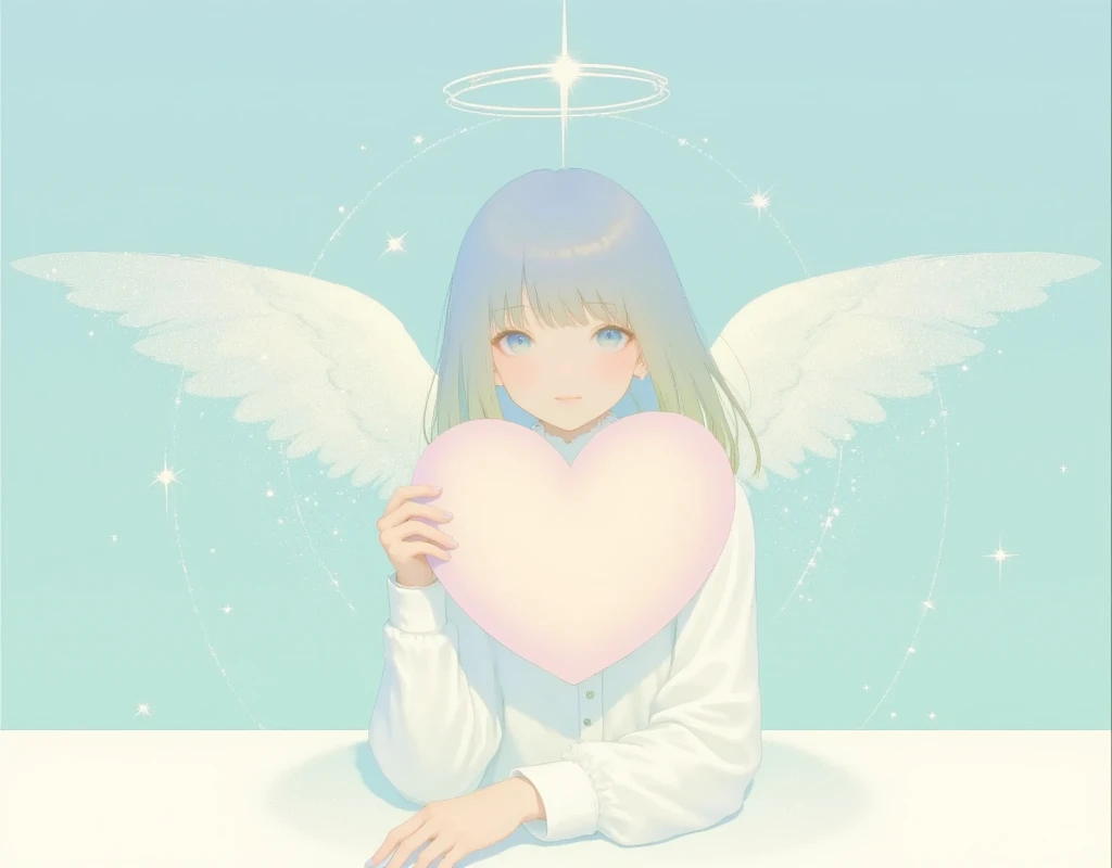 masterpiece, white silhouette art , white shrine maiden with angel wings ,((she hugs a big soft pink heart)), ,Beautiful design, angelic atmosphere , bright image, glittering particles, shiny, soft color, kawaii anime, cute illustration, angell dust falling, fancy style,