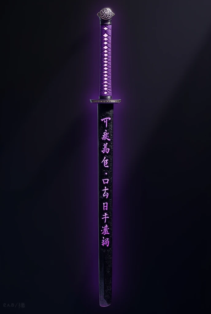 Can you make me a Japanese katana with a balck-purple hilt, intricate guard , blade 90cm long and made of black obsidion with a purple glowing japanese characters carved on it and a scabbard in kubo tite art style