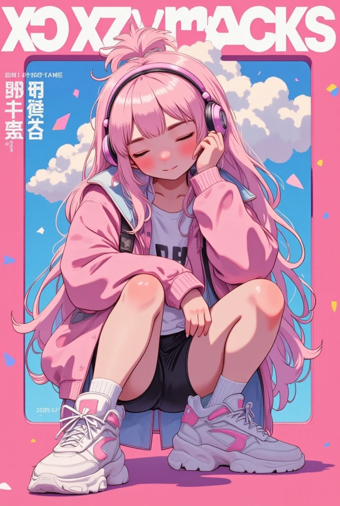 pink headphone-themed character,  wear big sneakers ,  cyberpunk,  background is easy to keep , magazineの表紙デザイン, Pale  pink hair, Cloud Hair,  LIGHT SMILE, Closed Eyes,  pink hair, whole body, magazine cover, magazineデザイン, magazine, Projected Inset, 超 high res,  high res,  top quality , 8k、 enter text 、walk、Woman looking at camera 、 cute girl、
