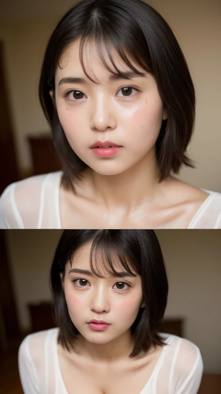 Structure of the film、to be born々New skin texture、Arm hair、Realistic skin texture (1.8), Pore details (1.7), Thin vellus hair (1.7), Micro Skin Relief (1.6), Natural skin moisturization (1.5), Skin Transparency (1.6), Soft Skin Highlights (1.7), Faint goosebumps (1.4), Scattered beneath the surface (1.7), Macroskin Details (1.8)Black sleeveless、pores、 Dark Room,Always Details,finely,High resolution, High resolution,Deep Shadow,High Contrast,(8k、to be born写真、Highest quality、masterpiece:1.2)、(Realistic,Realistic:1.8) ,whole body,Amazingly beautiful eyes,Natural Lip,(Saggy breasts:1.1)( Squint your eyes :1.1)1 girl、View your viewers、Beautifully Detailed face,,Mouth half open,、narrow,Floating Hair,Dark brown hair, short hair, Brown eyes, front, Detailed face,Japanese girl sitting in the middle of the room,Wide viewing angles, Messy room, looking at the camera, Black camisole,Arm hair、Brown Hair,View your viewers,Beautifully Detailed face, Cinematic Light,(Film Gain:1.4)|(VHS Video:1.2)(old analog film photography:1.4) Vintage Film (1.8), Analog camera (1.5), Film Grain (1.4), Light leakage (1.2), Soft Focus (1.3), Warm tones (0.2), Retro aesthetic (1.7), Lomography (1.3), Nostalgic atmosphere (1.8), Polaroid style (1.5), Faded colors (1.9), Dreamy look (1.3), Overexposure (1.1), Vignette Effect (1.8), Blurred Edges (1.4),Dusty room,Moisturized Skin、Beautifully Detailed face,