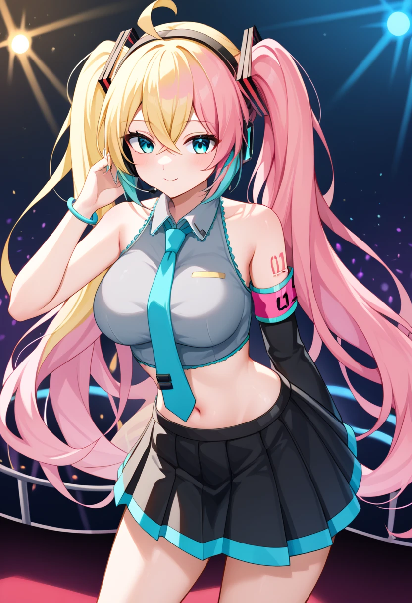 1girl, (Blue eyes), (smile), (Sana Minatozaki), (wide hips), Big , big ass, (Best Quality, 8k, Masterpiece: 1.3), perfect hands, Clear Focus: 1.2, Perfect Body Beauty: 1.4, Slender Abs: 1.2, Highly detailed face and skin texture, detailed eyes, double eyelids, (blonde long hair :1.2), look back, view from back, wearing a super tight anime printed leotard, an anime printed super tight off shoulder long sleeve crop top, a super aesthetic transparent mini jacket, pink jordan tennis, in the arcade games