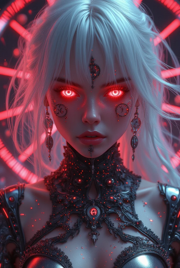 a photorealistic girl who can use time magic with smooth and silky long White translucent hair, and neon glowing vampiric red  eyes and a red aura surrounding her eyes, medium sized breasts,there are neon red and white clock designs illuminating her face and body,she is floating in air with a badass pose,there is a neon red ultra futuristic and ultra defined clock in the background with a cinematic lighting, there is an emotionless look on her face , ecstatic neckline and jawline,(pale white skin with redness) , ( aura emenating around her),solo leveling manhwa art style,highly defined and high resolution 8k